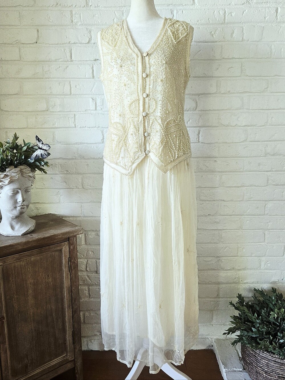 Vtg 80s 90s Beaded Vest + Skirt Set, Party Bridal, Fairy Core